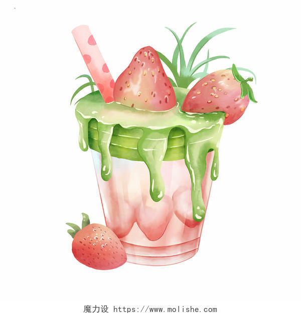 夏天水彩草莓果饮果汁饮品店元素奶盖元素插画